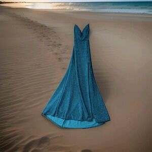Teal blue glitter gown with a unique strappy back Prom Dance Juniors Size 5